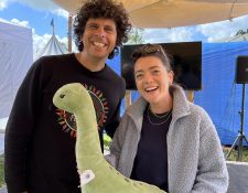 Andy Day meets one of the Geological Society dinosaurs (with Megan O'Donnell)